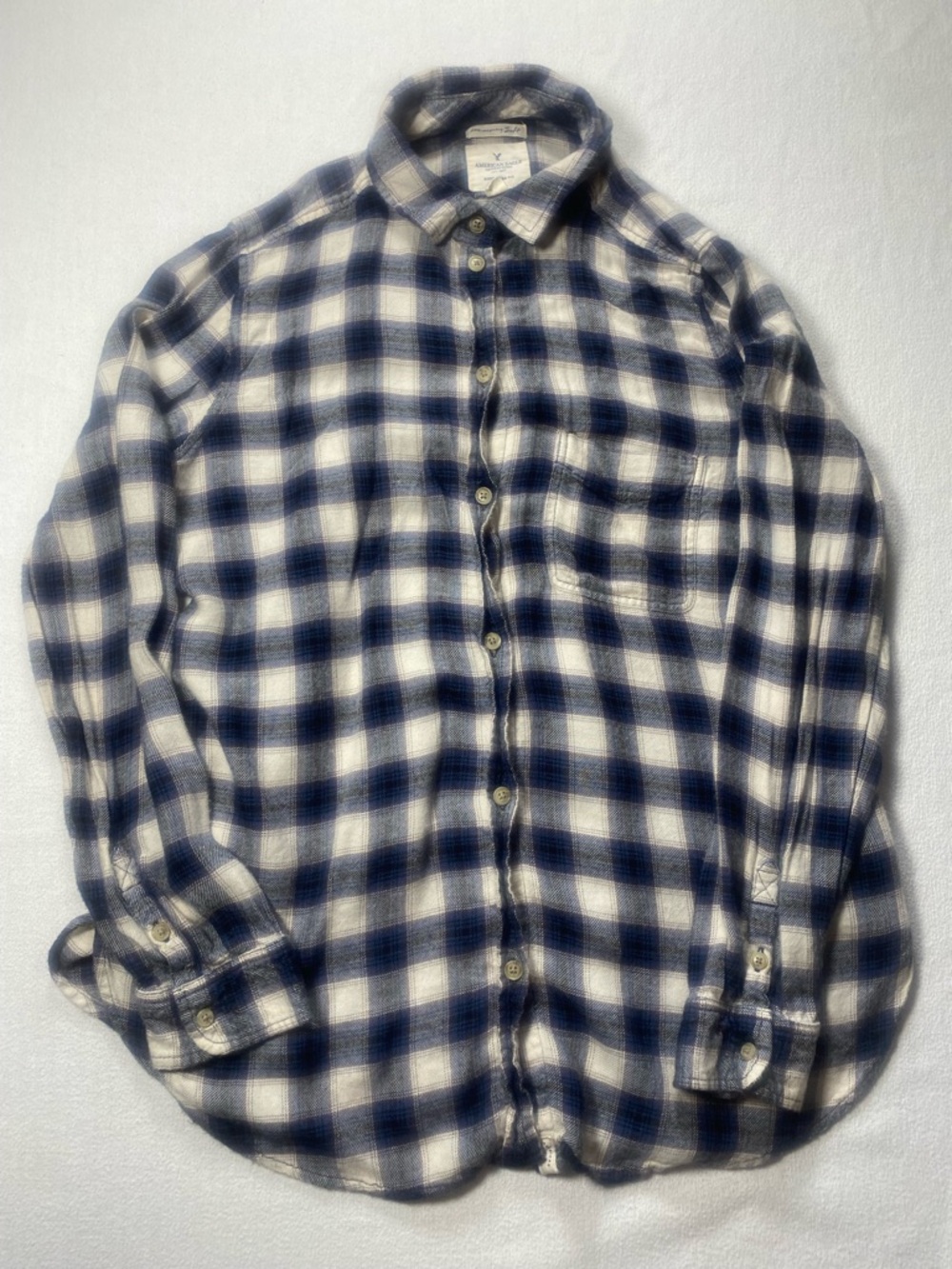 American Eagle Outfitters Boyfriend Fit Navy and White Plaid Button-Up Shirt